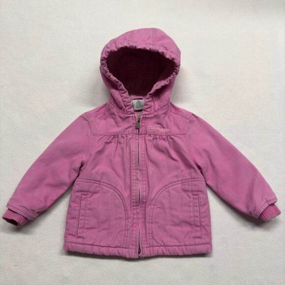 Vintage Carhartt Canvas Jacket Girls 2T Sherpa‎ Lined Hooded Embroidered Logo